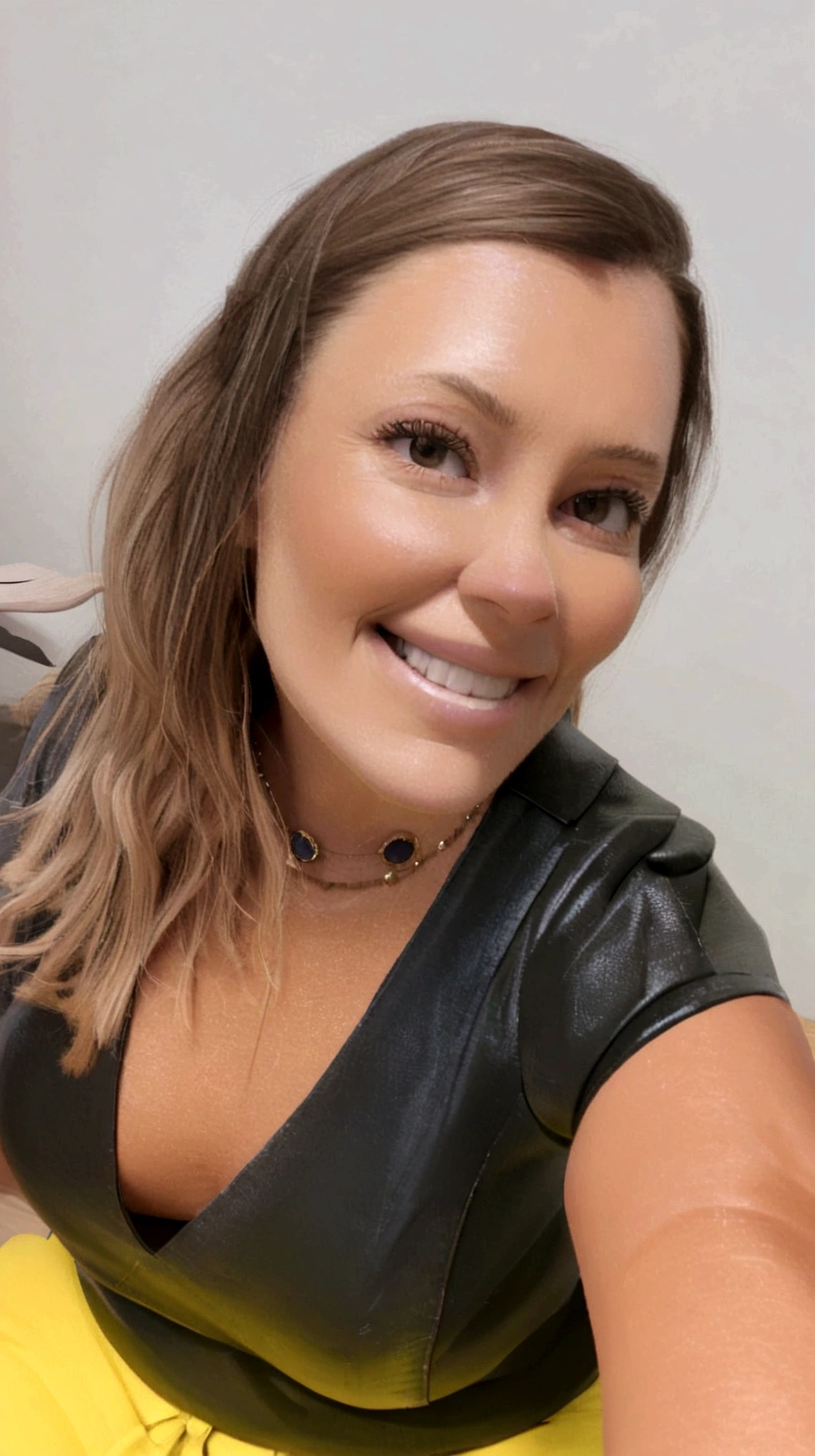 Create a Disney 3d Pixar-style character, Woman, white, long light brown hair, blouse with short sleeves black, lemon yellow pants, sitting in an armchair in an office, Grinning, doing selfie, left side of the face very close to the camera