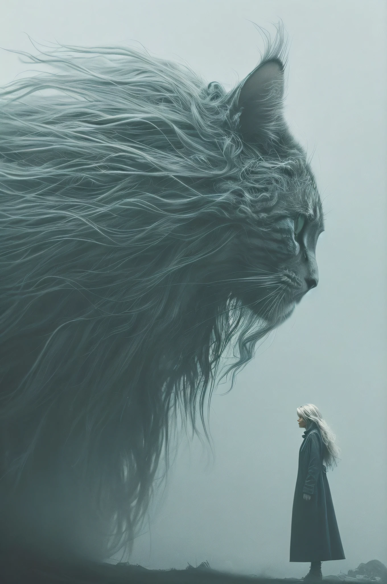 a giant alien cat with huge tall hair and long mustache, a woman in a surreal encounter, detailed face, hyper realistic, cinematic lighting, vibrant colors, dramatic composition, photorealistic, masterpiece, award winning, 8k