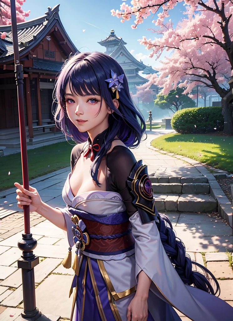 raidenshogundef, upper body, smile, blush, outdoors, cherry blossoms, day, simple background, blue sky, long hair, sky, temple, looking at viewer, stairs, mountain, moody lighting, facing viewer, high quality, high res, (masterpiece:1.4),8k