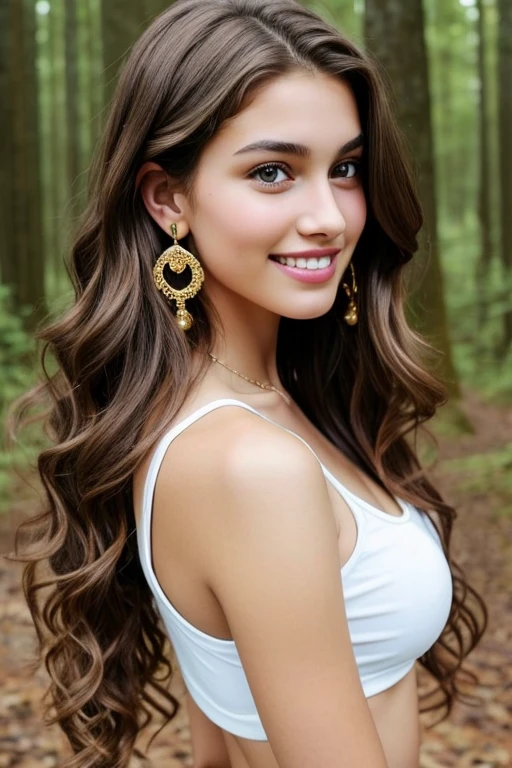 brunette girl, 19 years old, with ultra realistic brown curly hair, light brown eyes, medium and pretty lips, medium ears with ultra realistic gold earrings, very pretty and perfect nose, perfect smile with perfect white teeth, that the girl is very real and sexy. and that it is in the forest and that the background can be seen well, with LV clothes, the girl with very light brown eyes