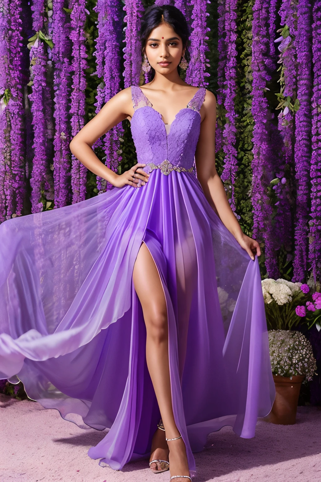 An Indian woman in a lavender dress standing in front of a flowery background, lavender dress, ornate lavender clothing, flowing gown, lavender dress, dressed in a beautiful gown, lavender tones, lavender, an elegant lavender, beautiful flowing fabric, stunning elegant, extravagant dress, stunning elegant pose, elegant evening gowns!, flowy dress, graceful and elegant.