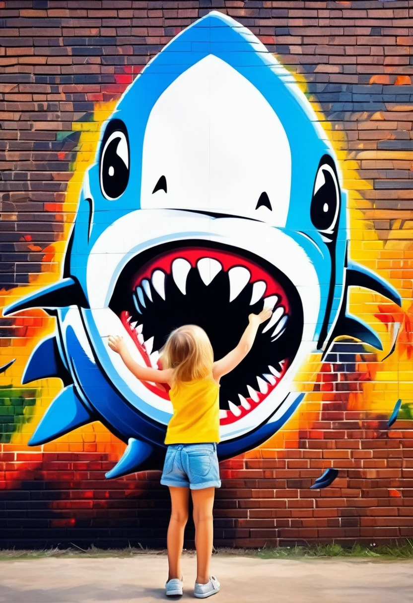 [View from the front, (RAW) ((very realistic))]:[huge shark mouth, graffiti mural on a brick wall ((detailed by Conor Harrington))::20]:[oil painting, extreme detail, (ATRACTIVE YOUNG GIRL) in full height, screaming, falling pose ((by John Wilhelm))], intricately, extremely attractive art, ((Best quality)), ((Masterpiece)), ((realistic)), (perfect detail), 8K, impressionism:0.2"