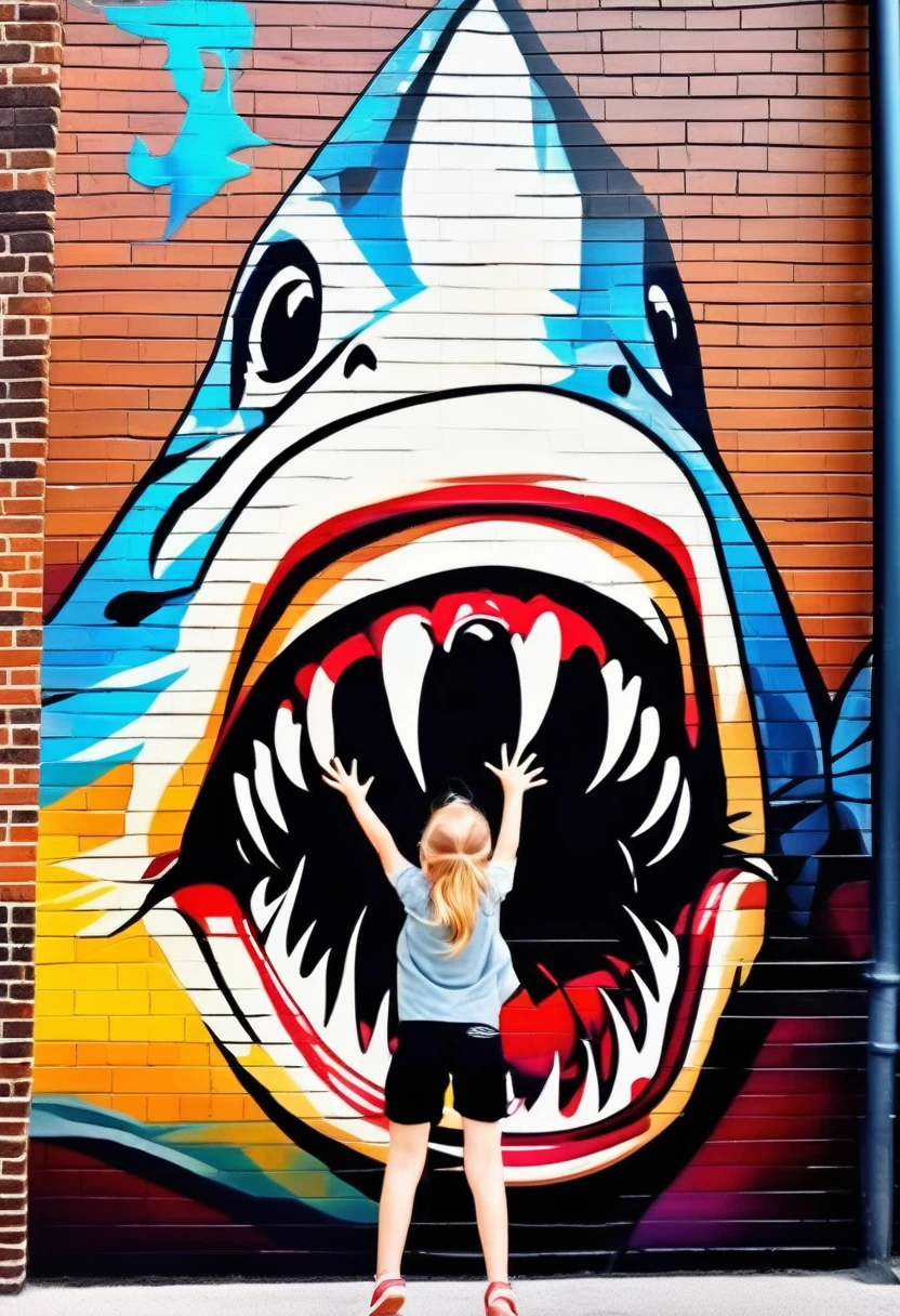[View from the front, (RAW) ((very realistic))]:[huge shark mouth, graffiti mural on a brick wall ((detailed by Conor Harrington))::20]:[oil painting, extreme detail, (ATRACTIVE YOUNG GIRL) in full height, screaming, falling pose ((by John Wilhelm))], intricately, extremely attractive art, ((Best quality)), ((Masterpiece)), ((realistic)), (perfect detail), 8K, impressionism:0.2"