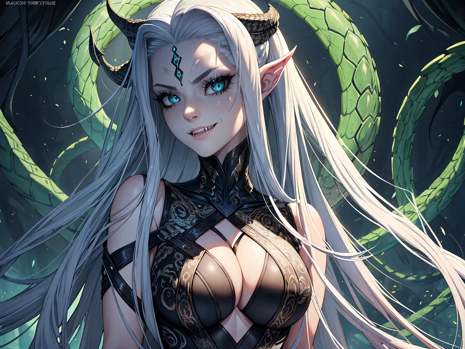 A hyper-realistic depiction of Medusa, the Gorgon from Greek mythology. She has a fierce and beautiful face, and when she smiles, her sharp fangs are visible. Her hair is composed of live snakes, each with scales and realistic texture. Her skin is pale and black with intricate patterns that add to her menacing appearance. The background is dark and blurred, emphasizing her striking features. A close-up of her face and upper body focuses on her expression and the detail in the snake's fur.