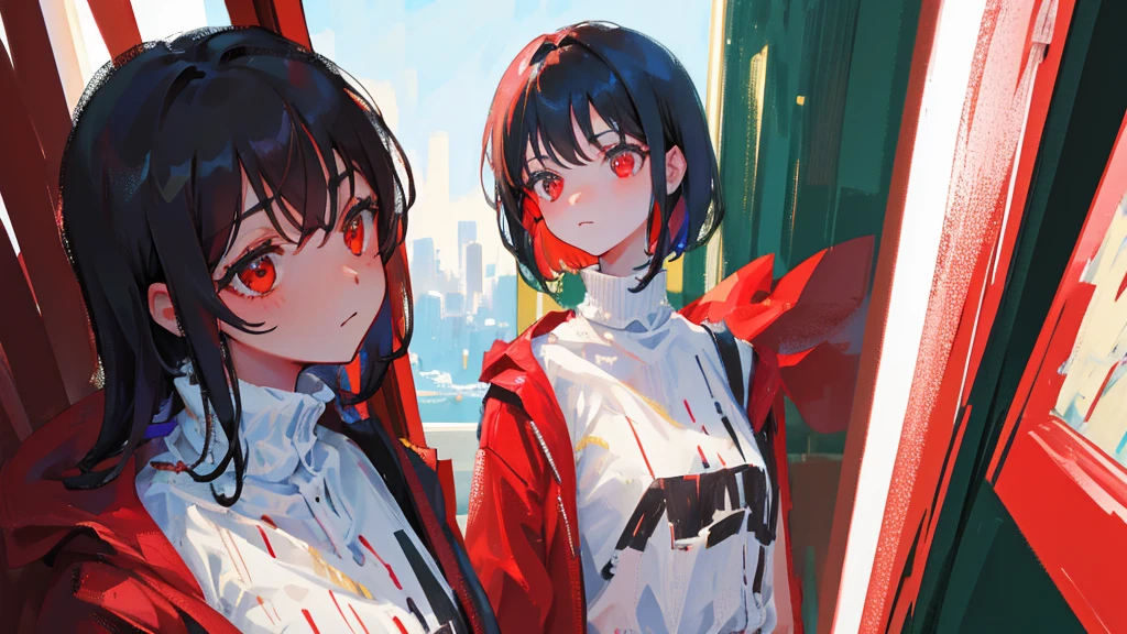 girl with red and black hair, terror style , portrayal, (Best Quality,High resolution),closeup of a mummy&#39;s face,covered in bandages with golden hieroglyphs,(detailed:1.1),(bright and intense colors:1.1),(realist:1.1) graphic art style,Frightening,eye sockets with shiny golden eyes,detailed wrinkles, Dark circles under the eyes