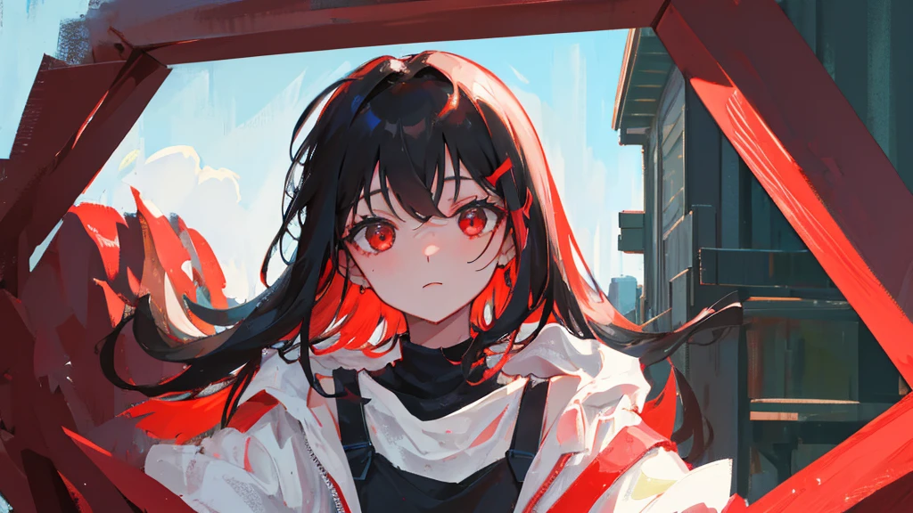 girl with red and black hair, terror style , portrayal, (Best Quality,High resolution),closeup of a mummy's face,covered in bandages with golden hieroglyphs,(detailed:1.1),(bright and intense colors:1.1),(realist:1.1) graphic art style,Frightening,eye sockets with shiny golden eyes,detailed wrinkles, Dark circles under the eyes