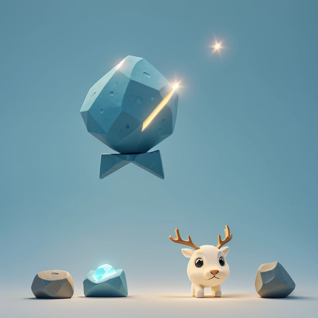 Minimalist full body reindeer logo carved into a light blue minimalist rock with golden ratio
