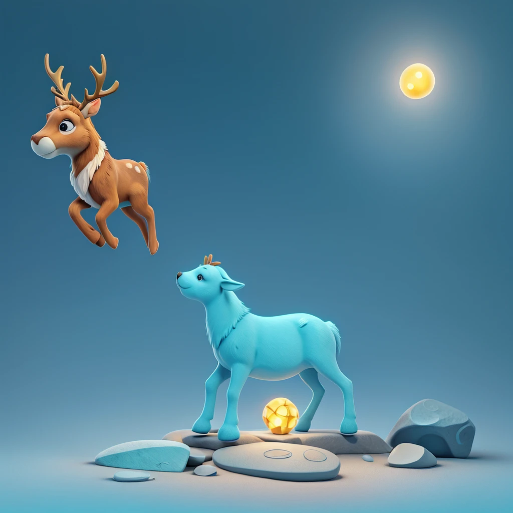 Minimalist full body reindeer logo carved into a light blue minimalist rock with golden ratio 
