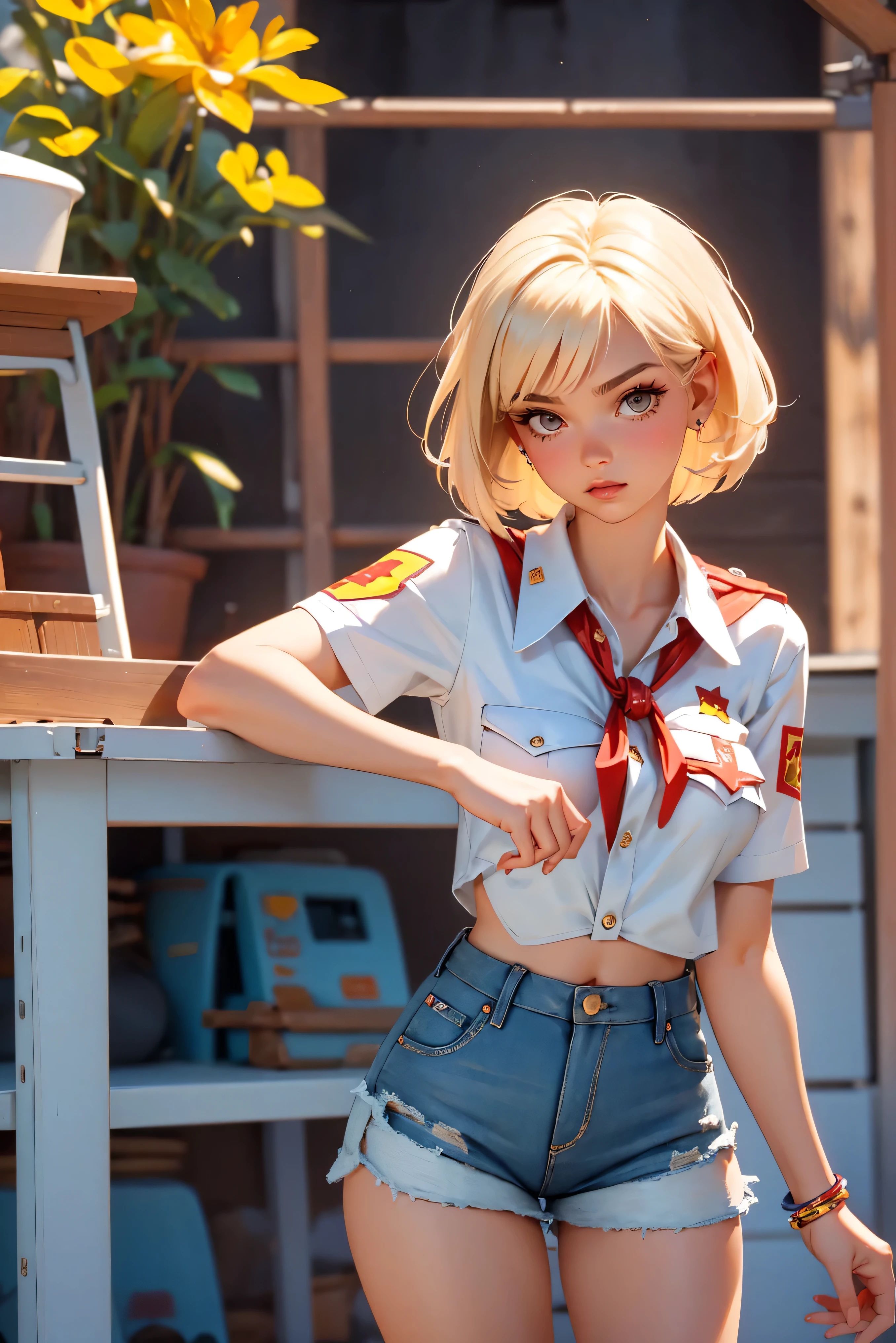 Teenage soviet pioneer girl-model 18 years old, beautiful, too much tanned, blonde, bob hair, bangs, brown eyes, beautiful figure, girl wearing crop white shirt and too much short mini shorts, long legs, slave bracelets, manicure, cute makeup, flirtatiously posing, hot summer, hot flirty, sexy posing, summer outfit, top quality, higest quality, pin-up style, retro 80s style, soviet pioneer style