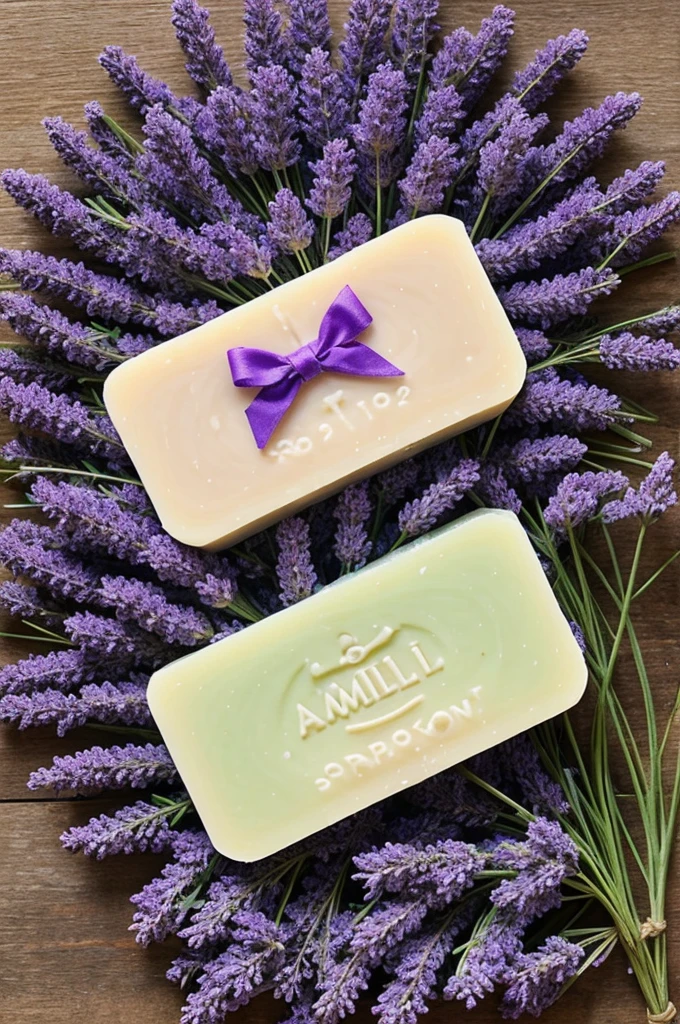 Logo for a soap named AMOLLI with purple colors, green and white. and the lavender flower
