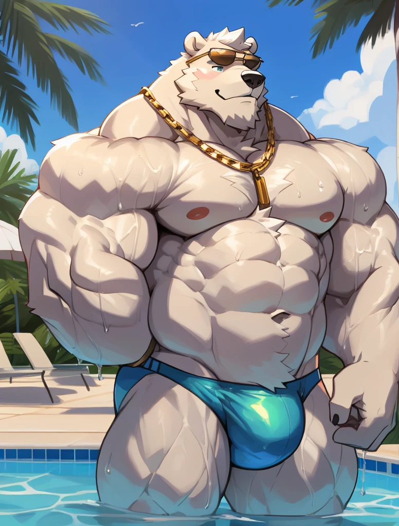 solo, 1boy, Huge Muscular White Polar Bear wearing sunglasses, gold chain necklace around, huge white fur, pectoral, huge pectoral, wide pectoral, short white hair, blue speedo trunks and shirtless and topless, white bearded, white Mustache, white fur, shiny body, wet, summer mansion background, masterpiece, high detailed, 8k, high resolution, at the pool, flexes his huge body