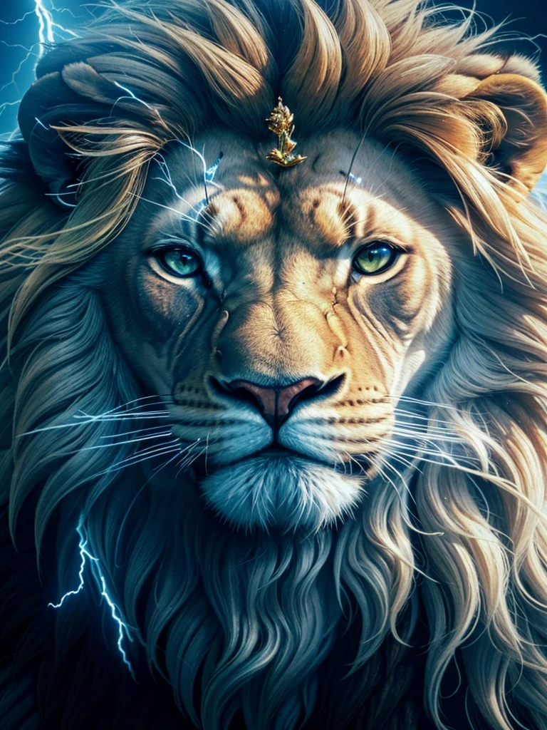 Lion, Divine Lion, naturals, thunder, Realistic Lion, rey, realistic detailed, Sunset light, sky, Sol noturno, realistic detailed 16K, Eletricidade Detalhada 8K, Darkness Background, Texturas realistas de 8K, Cores photorrealistic 8K, fire azul, realistic detailed Fire Bolt, sky Light Detailed, Power of thunder, Realistic Divine, gold color, Divine gold, Golden light, naturey, linda, Rendering, photorrealistic, UltraHigh definition, 4K, detailed textures, thunder, detailed shadows, detailed colors, neon blue, blue light, lightning strikes, blue power, naturey linda, Great Divine, peaceful face, naturalss, lightning strike, Electric Power Screw, detailed contrast, realistic contrast, high resolution, detailed colors, fire, villany, divine creature, 8K FullHD, realistic detailed, 16K, 8K, High definition, detailed contrast, realistic contrast, high resolution, detailed colors, fire, villany, divine creature, 8K Realistic Lion Face, realistic detailed, chic, elegance