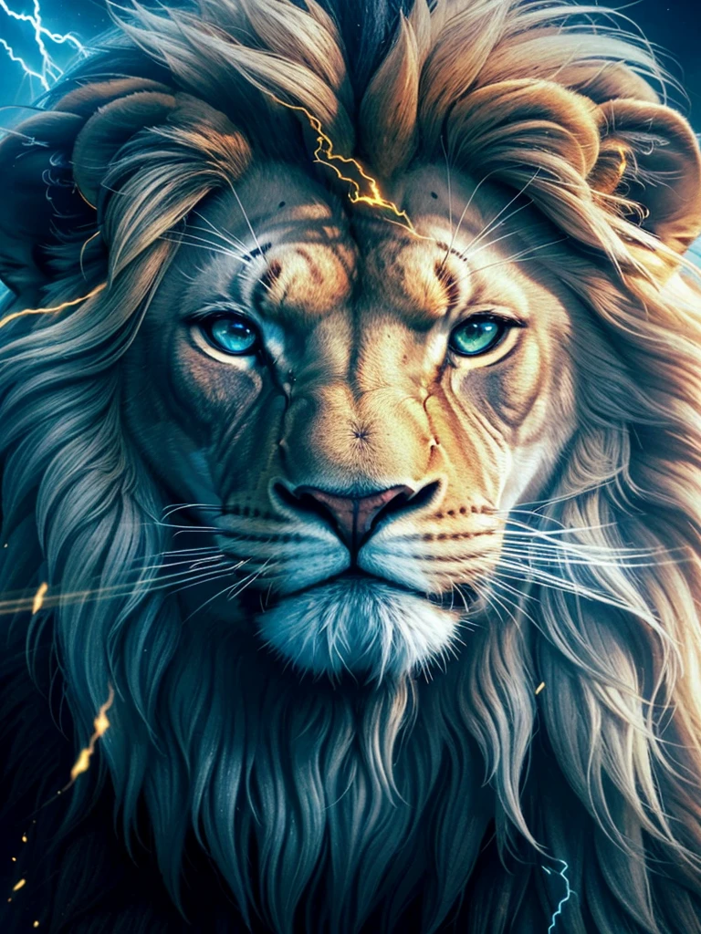 Lion, Divine Lion, naturals, thunder, Realistic Lion, rey, realistic detailed, Sunset light, sky, Sol noturno, realistic detailed 16K, Eletricidade Detalhada 8K, Darkness Background, Texturas realistas de 8K, Cores photorrealistic 8K, fire azul, realistic detailed Fire Bolt, sky Light Detailed, Power of thunder, Realistic Divine, gold color, Divine gold, Golden light, naturey, linda, Rendering, photorrealistic, UltraHigh definition, 4K, detailed textures, thunder, detailed shadows, detailed colors, neon blue, blue light, lightning strikes, blue power, naturey linda, Great Divine, peaceful face, naturalss, lightning strike, Electric Power Screw, detailed contrast, realistic contrast, high resolution, detailed colors, fire, villany, divine creature, 8K FullHD, realistic detailed, 16K, 8K, High definition, detailed contrast, realistic contrast, high resolution, detailed colors, fire, villany, divine creature, 8K Realistic Lion Face, realistic detailed, chic, elegance
