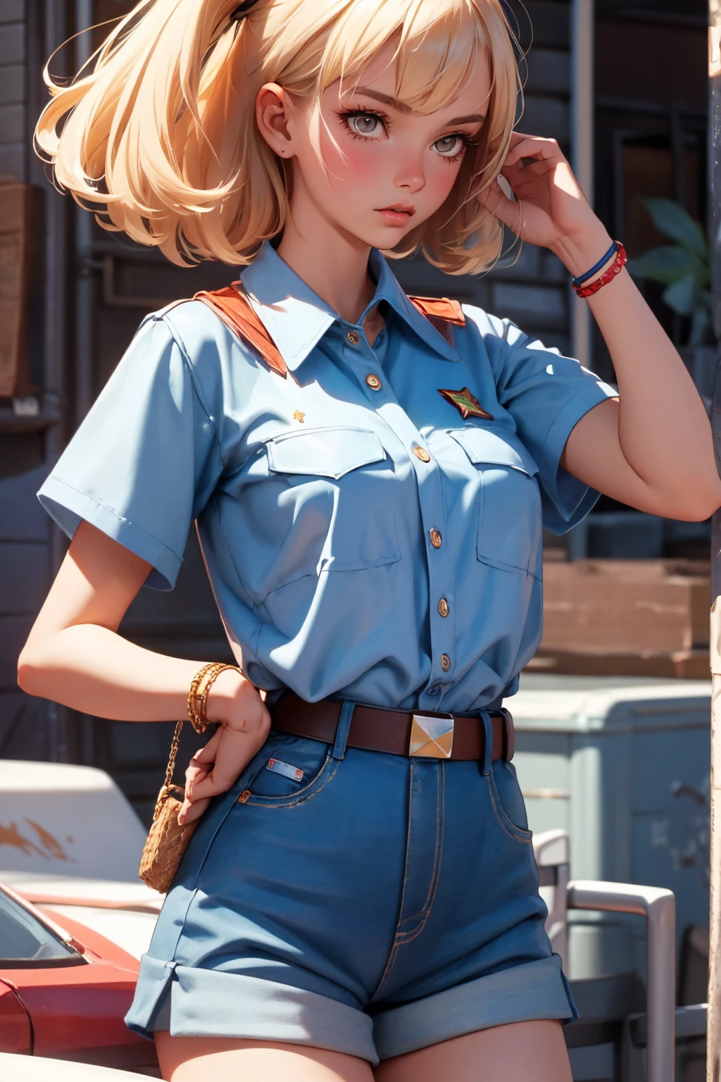 age soviet pioneer girl-model 18 years old, beautiful, too much tanned, blonde, bob hair, bangs, brown eyes, beautiful figure, girl wearing crop white shirt and too much short mini shorts, long legs, slave bracelets, manicure, cute makeup, flirtatiously posing, hot summer, hot flirty, sexy posing, summer outfit, top quality, higest quality, pin-up style, retro 80s style, soviet pioneer style
