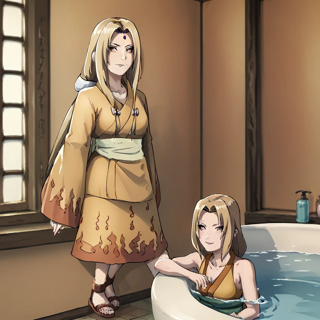 Fraction_9,Fraction_8_up,Fraction_7_Direction_6_Direction_Japanese cartoons,2 girls,ADDBASE 1girl,Tsunade, Tsunade's blue jacket \(clothing\),brown eyesï¼upper body,Tsunade's sandals,additional fees , upper body,Hyuga Hanabi, upper body, indoors, Hyuga Hanabi's fire pattern kimono \(kimono\),（（In the room，Vision，full-body shot，In the bathroom，Sit in the bathtub，Water Splash，Medium chest，））