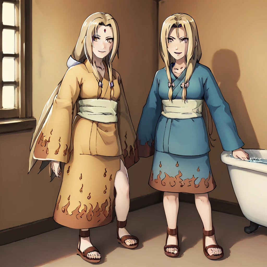 Fraction_9,Fraction_8_up,Fraction_7_Direction_6_Direction_Japanese cartoons,2 girls,ADDBASE 1girl,Tsunade, Tsunade's blue jacket \(clothing\),brown eyesï¼upper body,Tsunade's sandals,additional fees , upper body,Hyuga Hanabi, upper body, indoors, Hyuga Hanabi's fire pattern kimono \(kimono\),（（In the room，Vision，full-body shot，In the bathroom，Sit in the bathtub，Water Splash，Medium chest，））