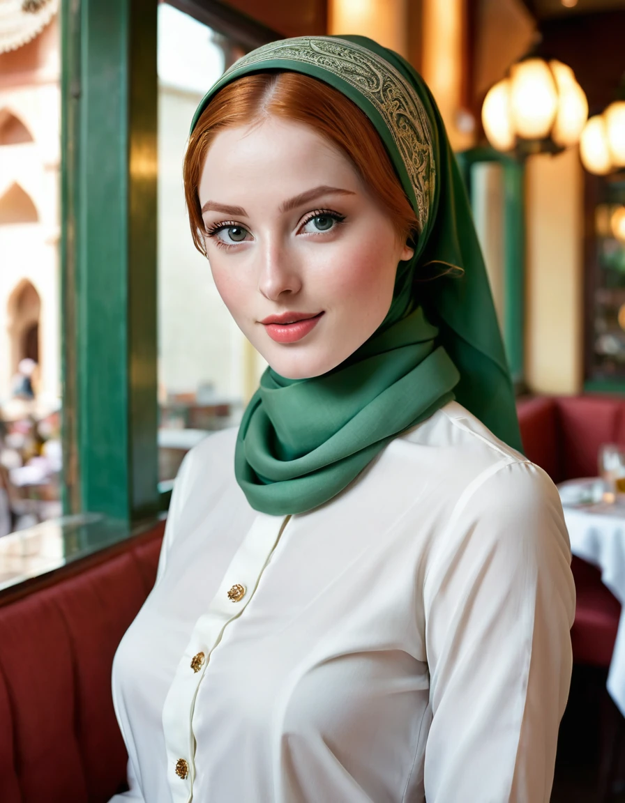 photography full body portrait of very beautiful realistic girl, inside fine dining restaurant, porcelain skin, very fair skin, very pale skin, redhead, wavy, ponytail, very detail skin texture, hazel eyes, slanted eyes, small nose, small nostril, think curved eyebrow, thick bottom lip, seductive gaze, happy face, unique face, wear a headscarf hijab, detail photo, realistic photo, master piece picture, sharp picture, outdoor clear daylight 、Islam、martyr