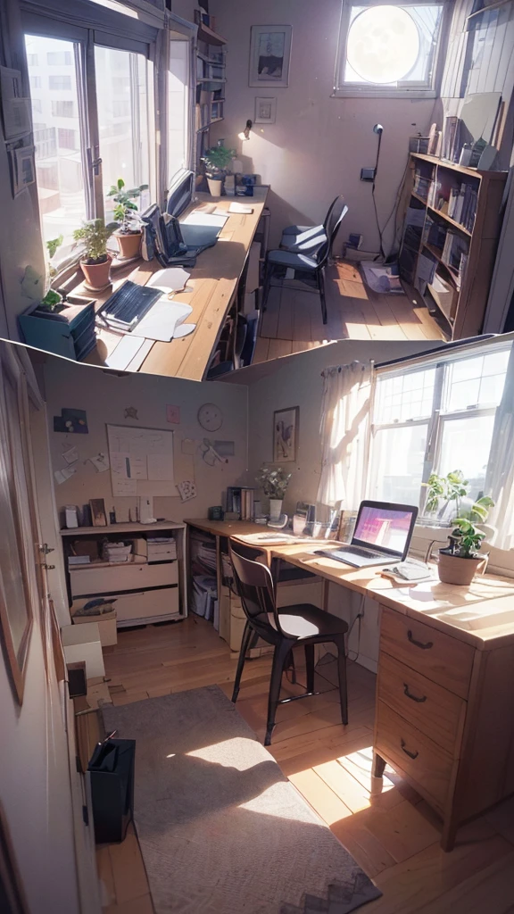 (masutepiece:1.5, Best Quality:1.5), ((Vaporwave Style, partially coloring)),In a cozy apartment, Girl studying diligently at desk alone,dim room,Stylish warm lighting, laptop, Coffee on the desk, desk lights on thedesk, I can see the moon from the window,Room decorated with plants