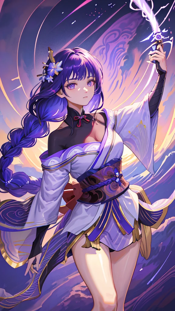 raiden(masterpiece), (best quality), (ultra detailed),(disheveled hair),(illustration), (1girl), beautifuldetailedeyes,delicate beautiful face,Floating,(high saturation),(colorful splashes),colorful bubble,(shining),focus on face, purple hair with a thic long braid, purple eyes, short kimono, holding sword, purple and gold lightning on background