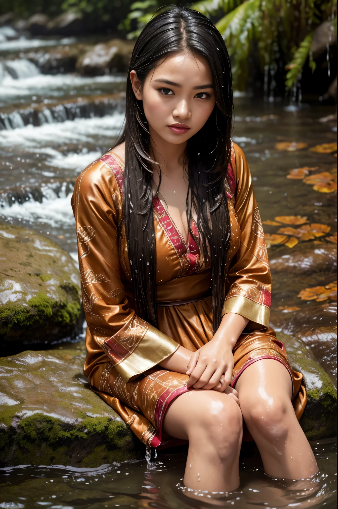 Malay woman wearing batik clothes, sitting in the river stone, long sleeves, close-up fantasy with water magic, beautiful girl, big breast, long brown hair, wet hair, wearing a dress made of water, lifting up her dress, splashing water, realistic oil painting, soaking wet, in the water high knee length covered, beautiful realistic painting, nymph in the water, hyperrealistic portrait in the river, hyperrealistic fantasy art, splashes, realistic fantasy painting, cute shot, narrow depth of field, 8k, nsfw, soaking wet, ((soaked)), dripping water, dripping water, heavy clothes, soaked in water, soaked, lipstick rouge, soaked,