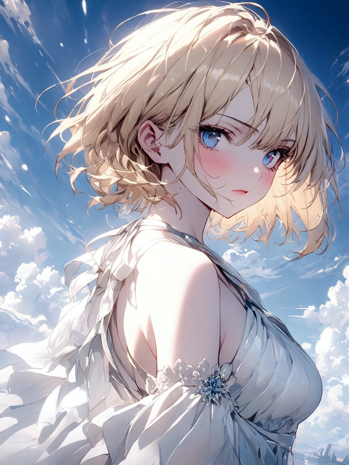 (masterpiece), 1girl, pale skin, blonde hair, short hair, blue eyes,