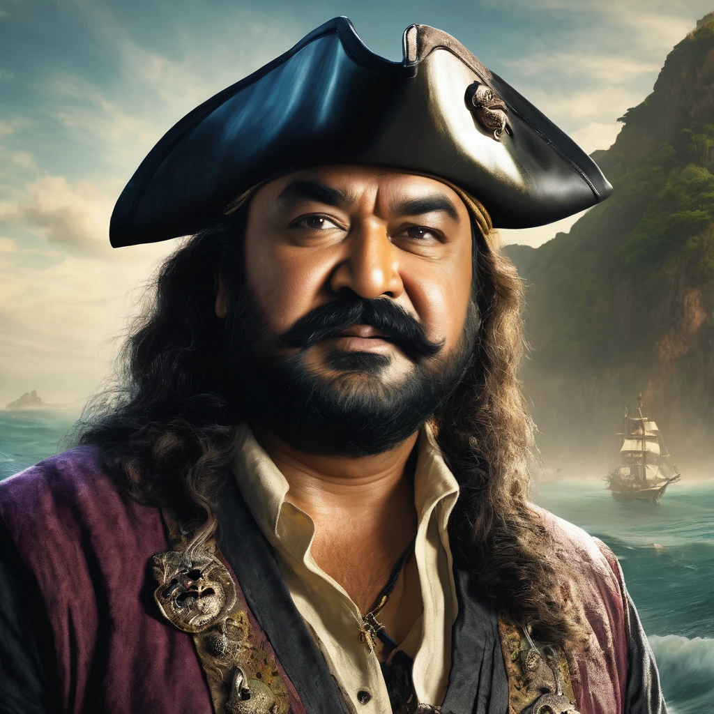 Create a portrait of actor mohan lal as pirate in fantasy sea with strange creature, detailed cg and face, realistic portrait.
