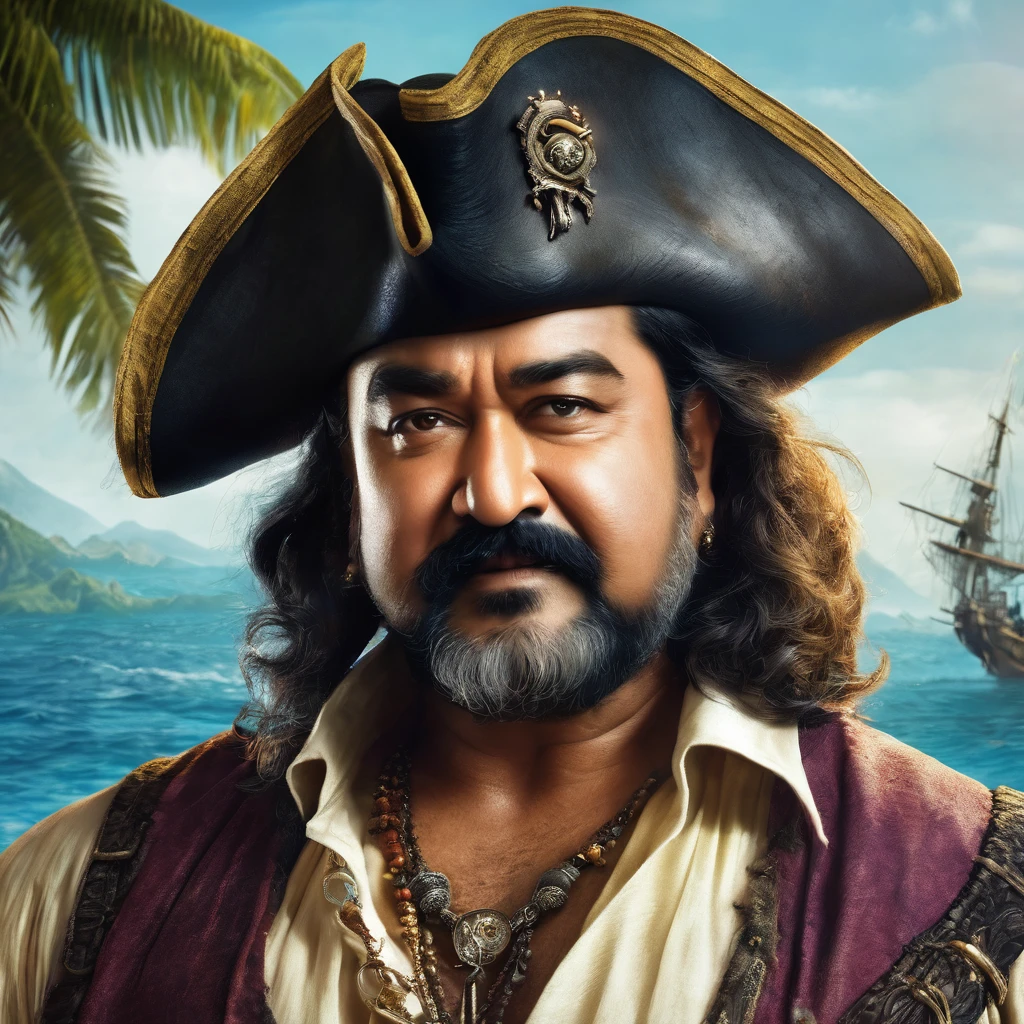 Create a portrait of actor mohan lal as pirate in fantasy sea with strange creature, detailed cg and face, realistic portrait.