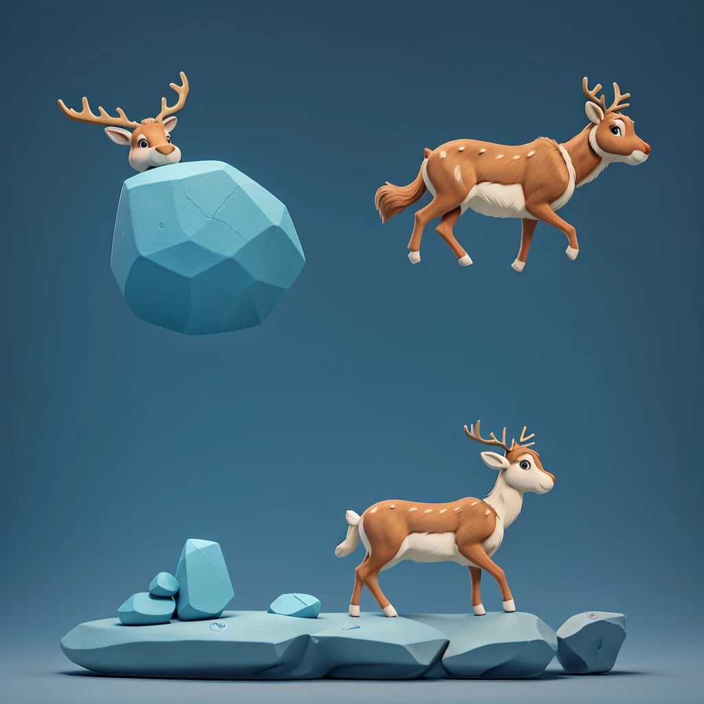 Minimalist full body reindeer logo carved into a light blue minimalist rock with golden ratio