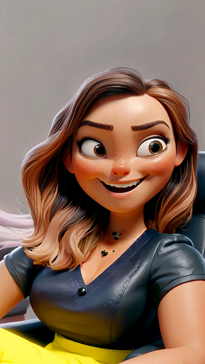 Create a Disney 3d Pixar-style character, Woman, white, long light brown hair, blouse with short sleeves black, lemon yellow pants, sitting in an armchair in an office, Grinning, doing selfie, left side of the face very close to the camera