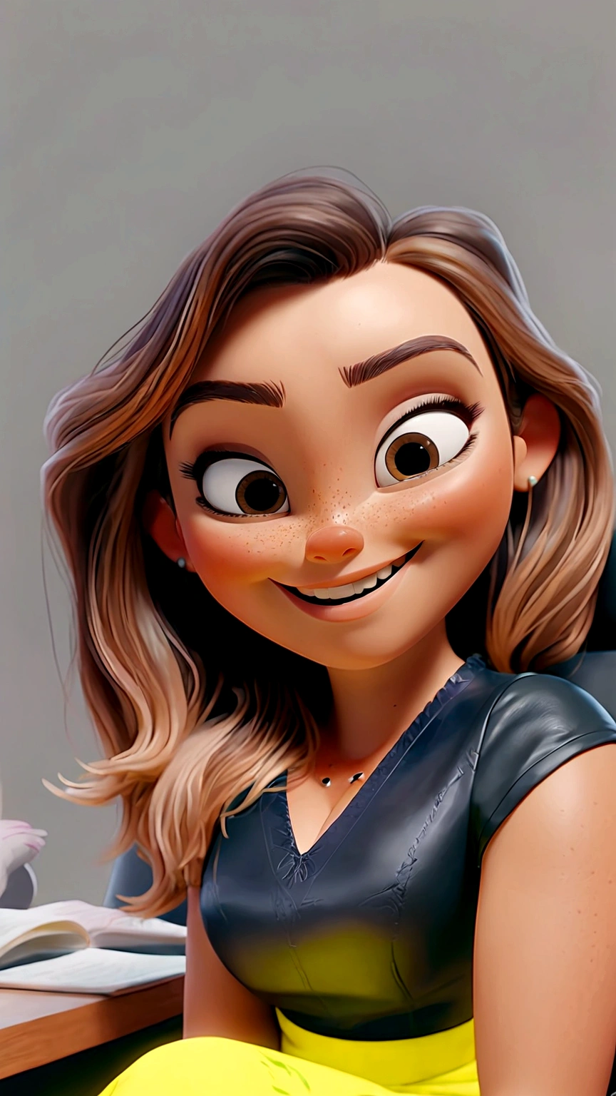 Create a Disney 3d Pixar-style character, Woman, white, long light brown hair, blouse with short sleeves black, lemon yellow pants, sitting in an armchair in an office, Grinning, doing selfie, left side of the face very close to the camera