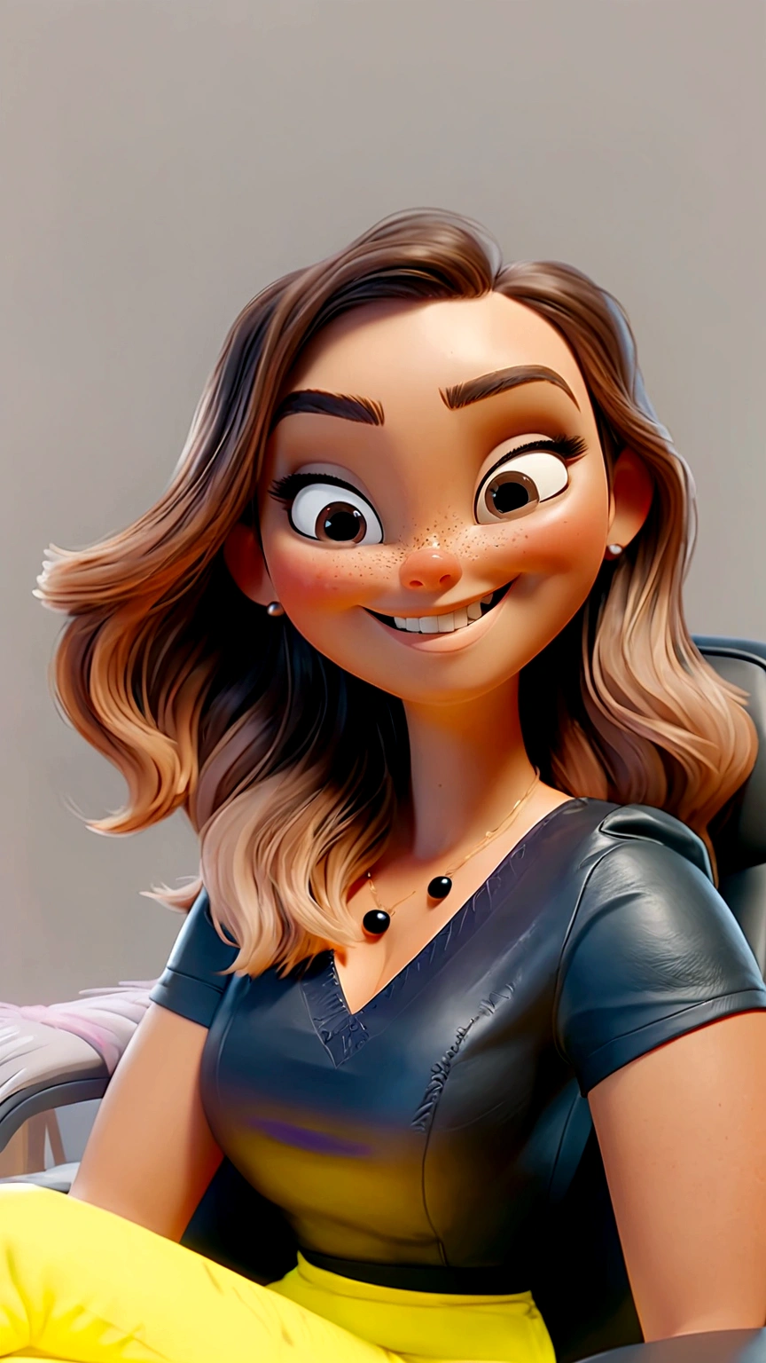 Create a Disney 3d Pixar-style character, Woman, white, long light brown hair, blouse with short sleeves black, lemon yellow pants, sitting in an armchair in an office, Grinning, doing selfie, left side of the face very close to the camera