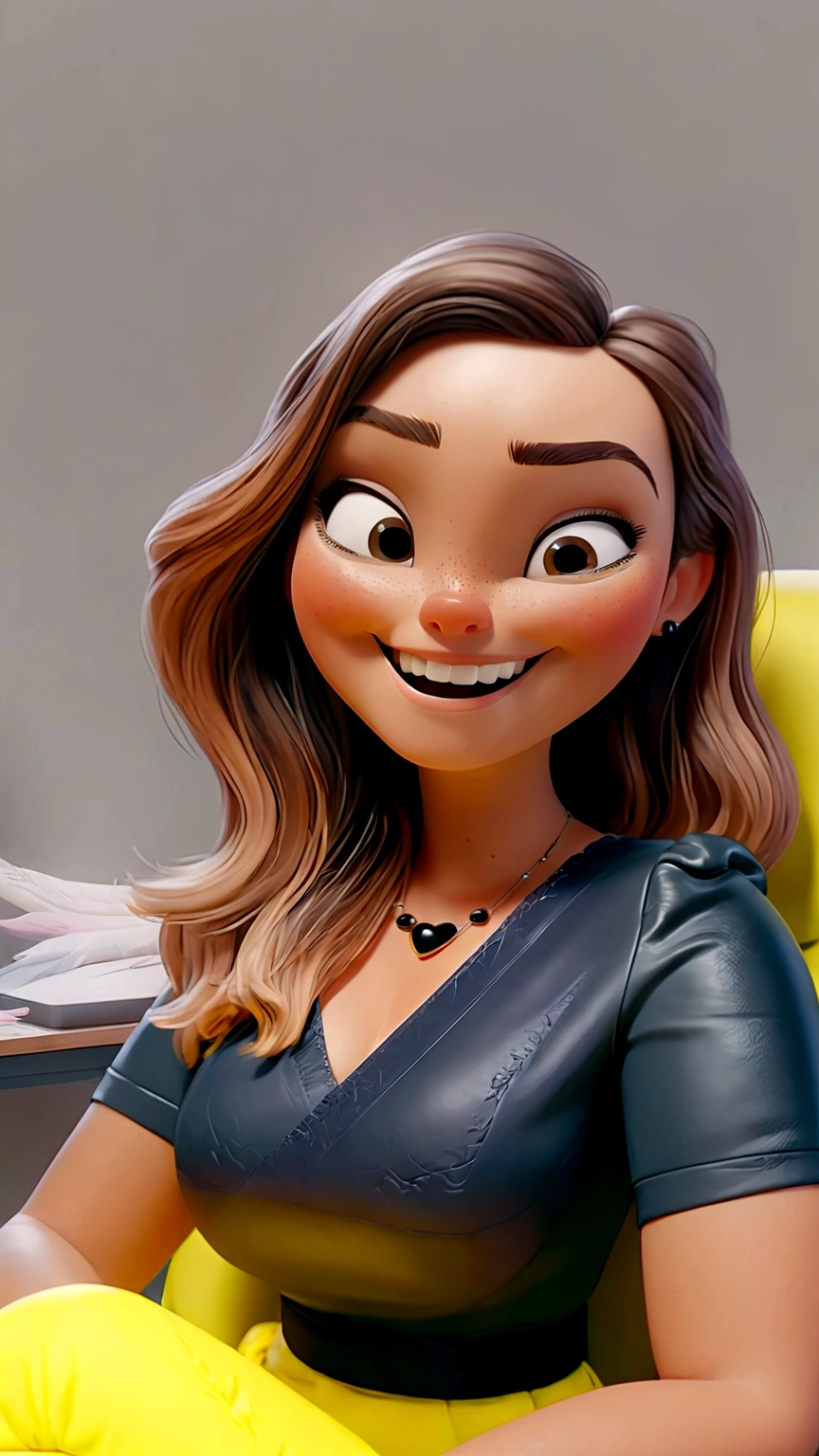 Create a Disney 3d Pixar-style character, Woman, white, long light brown hair, blouse with short sleeves black, lemon yellow pants, sitting in an armchair in an office, Grinning, doing selfie, left side of the face very close to the camera