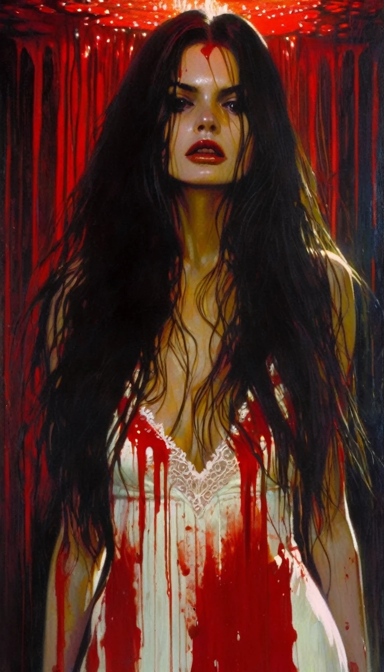 girl with long hair, very sexy, goes into a blood bath with a tight white embroidered dress, ritual, terror, horror tones, (art inspired by Bill Sienkiewicz). oil painting)