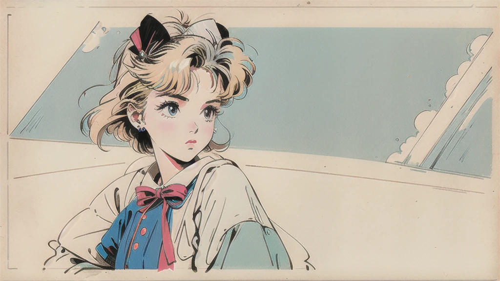 80s anime, 80s Vintage Animation, Chinatown Background, Desaturate, Increase contrast, The outline is rough, like a pencil drawing., Set the lines a little thicker, The person stands in the foreground of the image, Looking back at me, Slanted Eyes, Low nose, Blonde, ribbon, Alice in Wonderland-inspired girl, Lolita Fashion, Bob Hair, Thick-soled shoes,