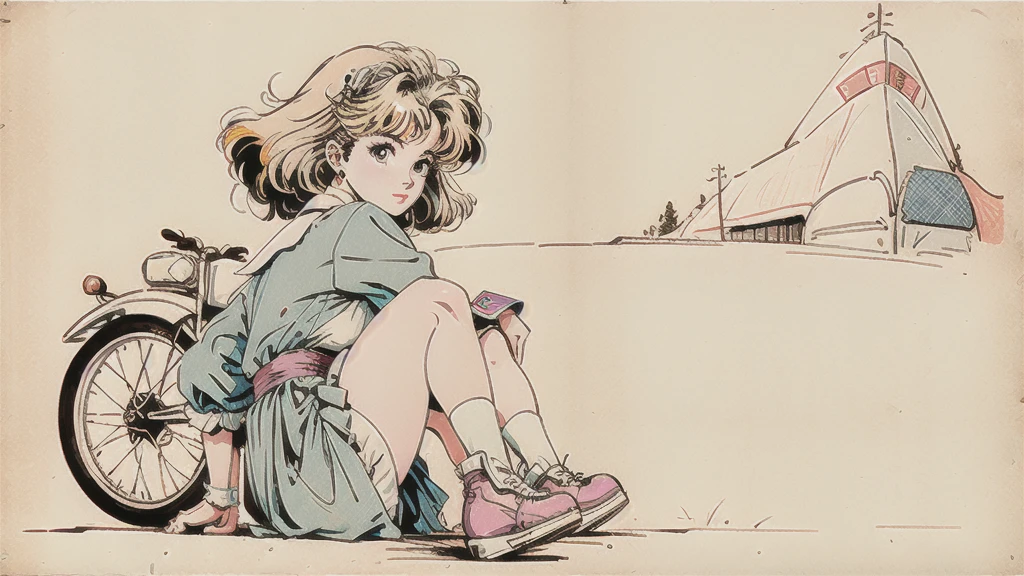 80s anime, 80s Vintage Animation, Chinatown Background, Desaturate, Increase contrast, The outline is rough, like a pencil drawing., Set the lines a little thicker, The person stands in the foreground of the image, Looking back at me, Slanted Eyes, Low nose, Blonde, ribbon, Alice in Wonderland-inspired girl, Lolita Fashion, Bob Hair, Thick-soled shoes,