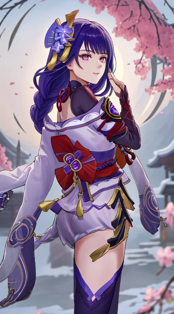 Raiden General,The upper part of the body,ssmile,Be red in the face,Full Moon Night,simple backgound,Under a cherry tree in full bloom,Sakura blizzard,short detailed hair,Skysky,temple,looking at viewert,stairway,mont,moody light,face to the viewer,