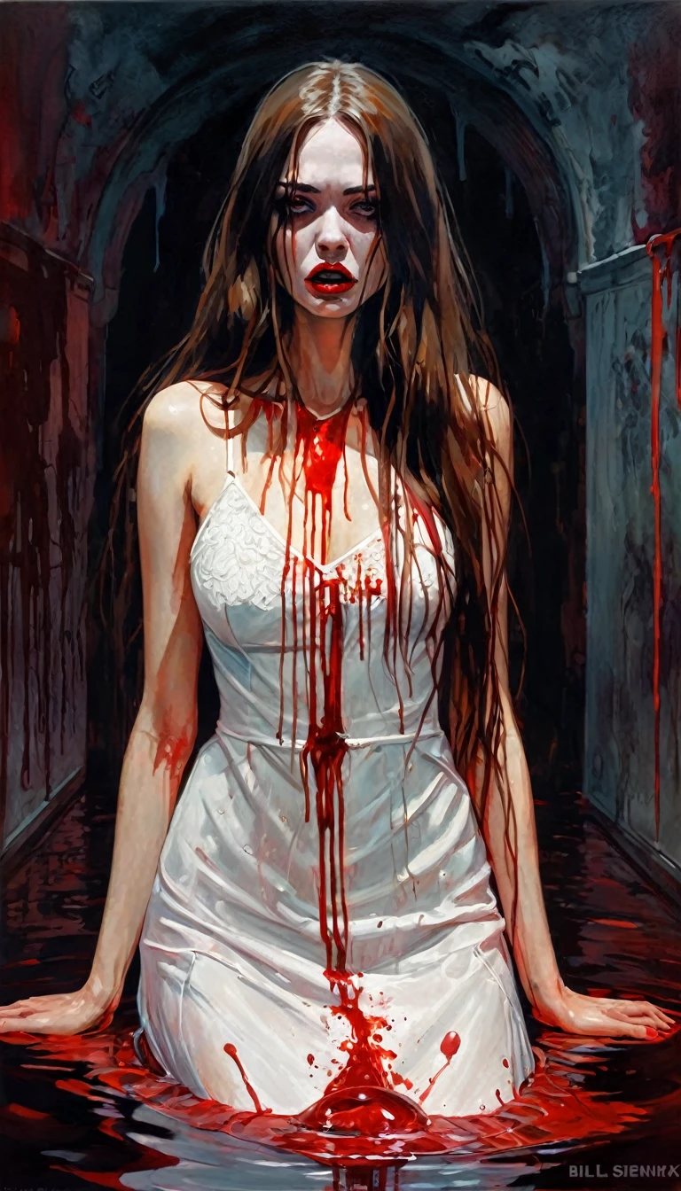 girl with long hair, very sexy, goes into a blood bath with a tight white embroidered dress, ritual, terror, horror tones, (art inspired by Bill Sienkiewicz). oil painting)