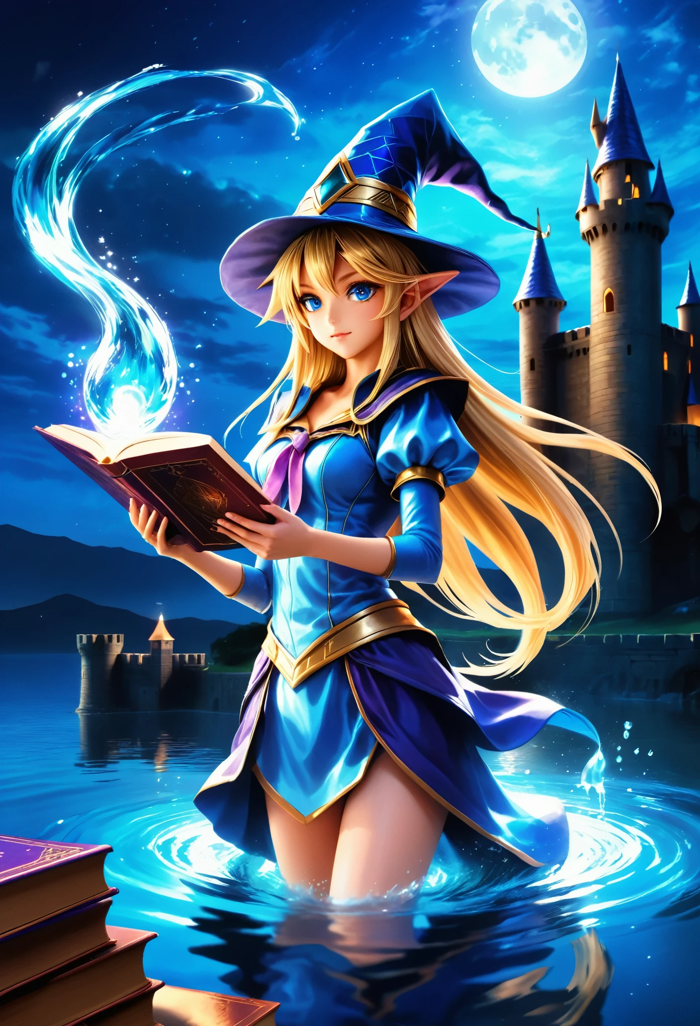 dark magician girl, masterpiece, best quality, (1 Girl), Solitary, (water), Long hair, Blonde hair, Blue headdress, Wizard Hat, Spellcasting, castle, castle:2, Motion Blur, Book, magic, (moonlight:1.2), Chromatic Aberration, Depth of Field, Soft lighting, Highly detailed face, Very detailed eyes,
