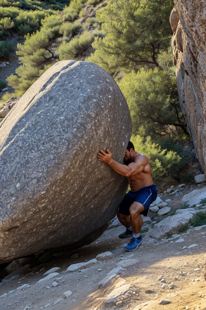 SVG quality image of a greek man pushing a massive boulder up a slope, high quality, no background