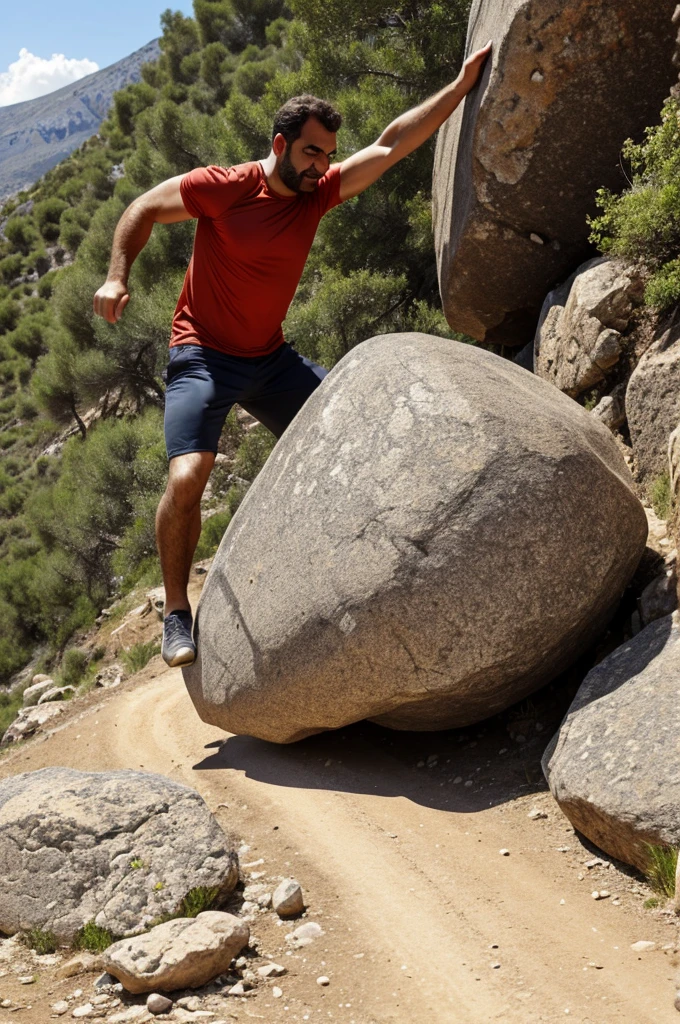 SVG quality image of a greek man pushing a massive boulder up a slope, high quality, no background