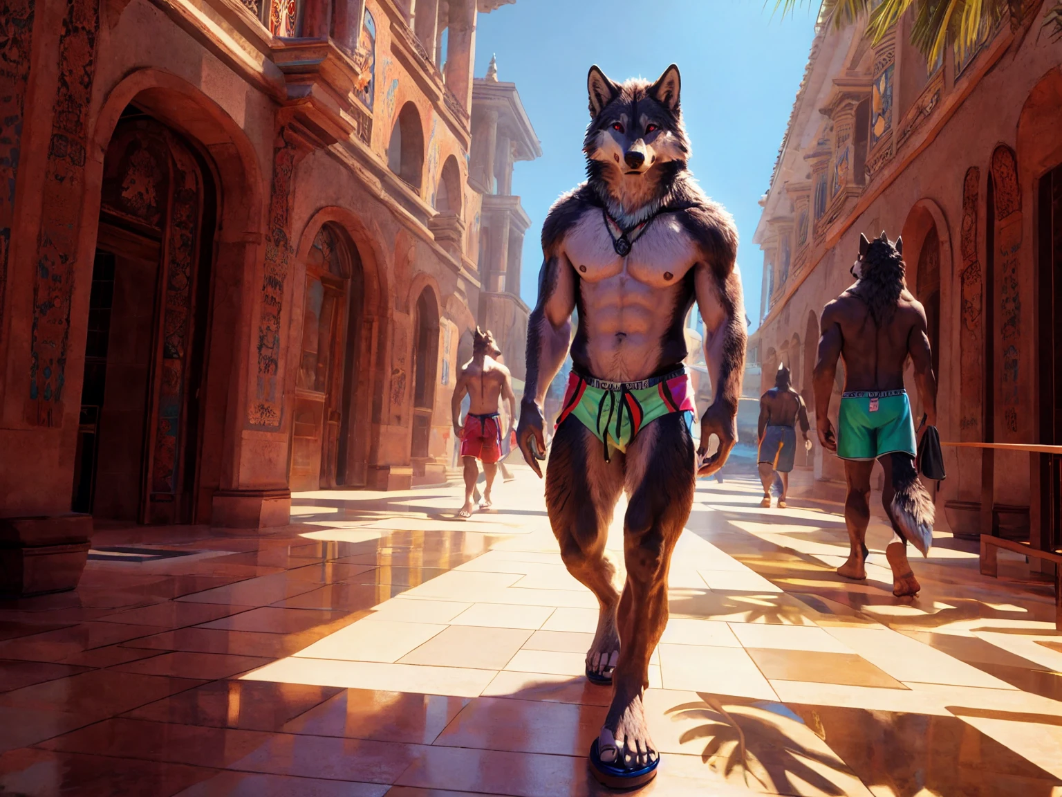 an anthropomorphic wolf, red eyes, beach outfit, walking through an atrium on a sunny day, wearing swim trunks and sandals, hyper realistic, 8k, masterpiece, extremely detailed, cinematic lighting, dramatic shadows, vibrant colors, photorealistic, award winning photograph