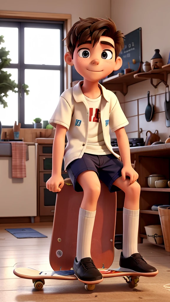 A student boy, in high school student clothes, he is sitting on his skateboard in the square, he is in the kitchen of his house