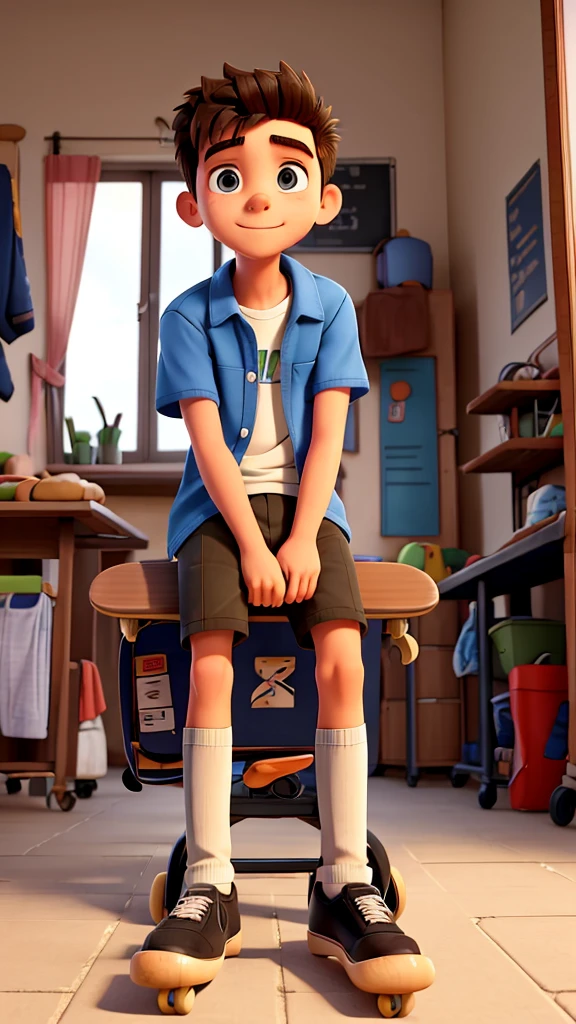 A student boy, in high school student clothes, he is sitting on his skateboard in the square, he is in the kitchen of his house