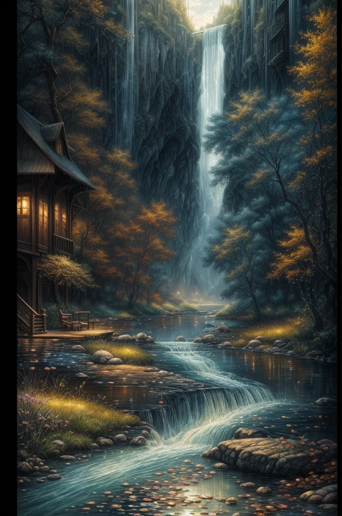 Hyperdetalization, clarity of the drawing. Beautiful figurative art. The work is a combination of clear pencil drawings, watercolors and ink with subtle earthy tones, bluish, slightly tanned, powdery skin and deep black ink. The extremely detailed and intricate masterpiece "The Lost World" was created with clear quality and vivid colors to depict a dramatic and surreal scene. The shabby chic style creates a beautiful look with a very deep metallic shade. 128K resolution captures every detail, a river inspired by the works of Rembrandt and Darek Zabroski, 32K, rich color palette, UHD, SDXL, HDR give feedback Side panels