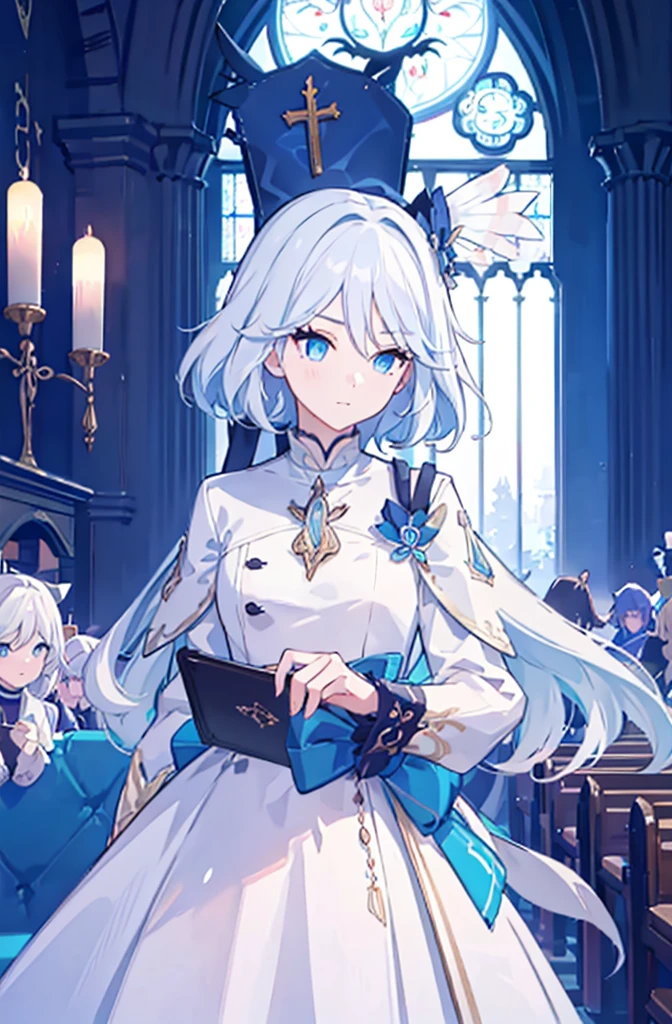 (Best Quality),(masutepiece:1.1),(the Extremely Detailed CG Unity 8K Wallpapers:1.1), (Colorful:0.9),1girl, white hair, solo focus, clearly, blue eyes, very long hair, stole, priest, Bishojo, church