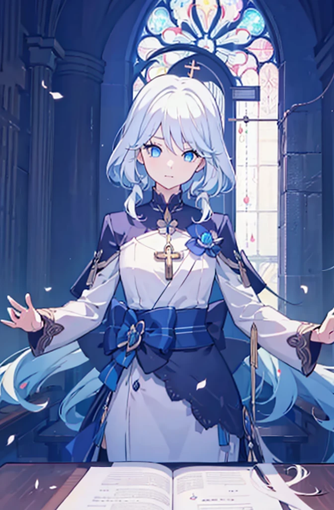 (Best Quality),(masutepiece:1.1),(the Extremely Detailed CG Unity 8K Wallpapers:1.1), (Colorful:0.9),1girl, white hair, solo focus, clearly, blue eyes, very long hair, stole, priest, Bishojo, church