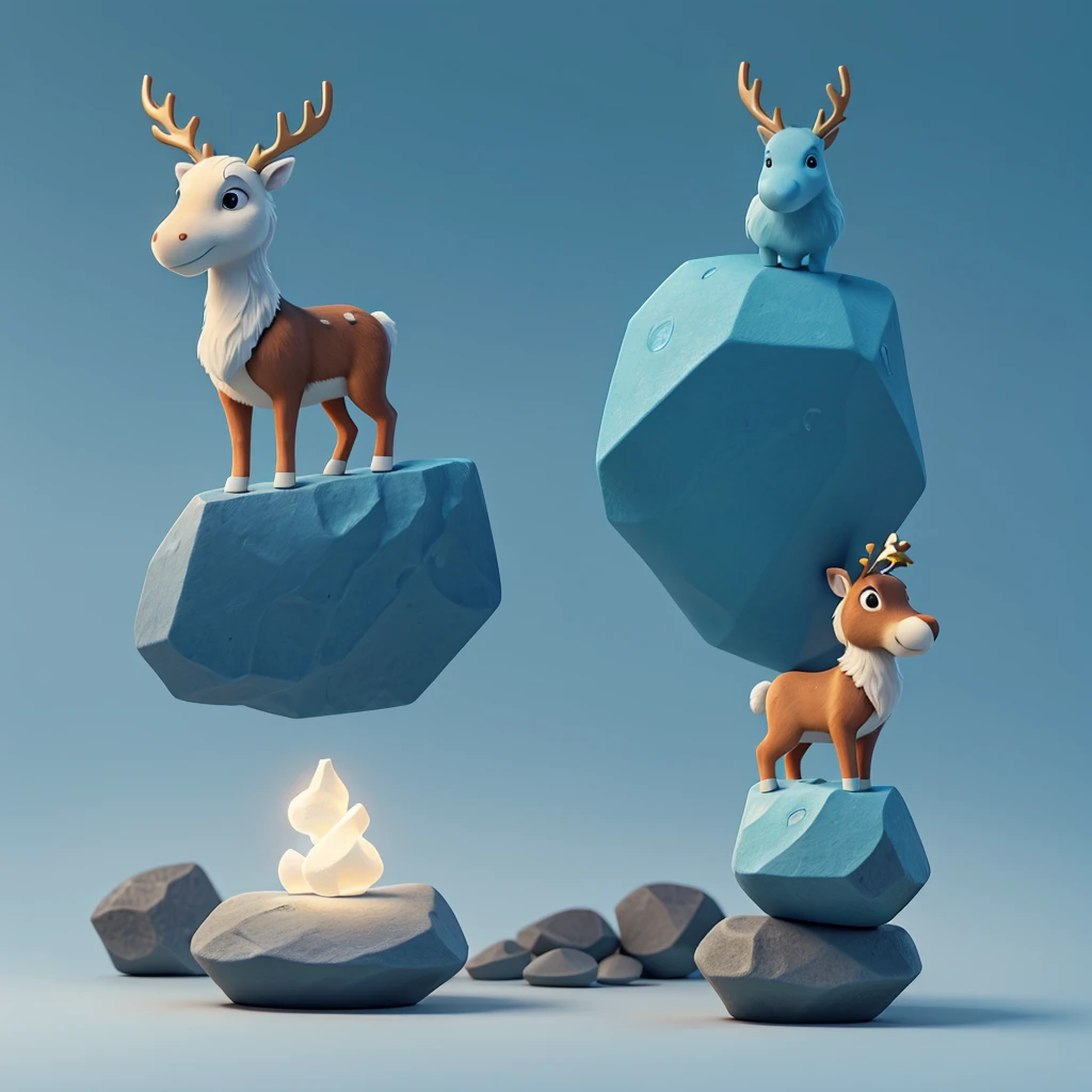 Minimalist full body reindeer logo carved into a light blue minimalist rock with golden ratio