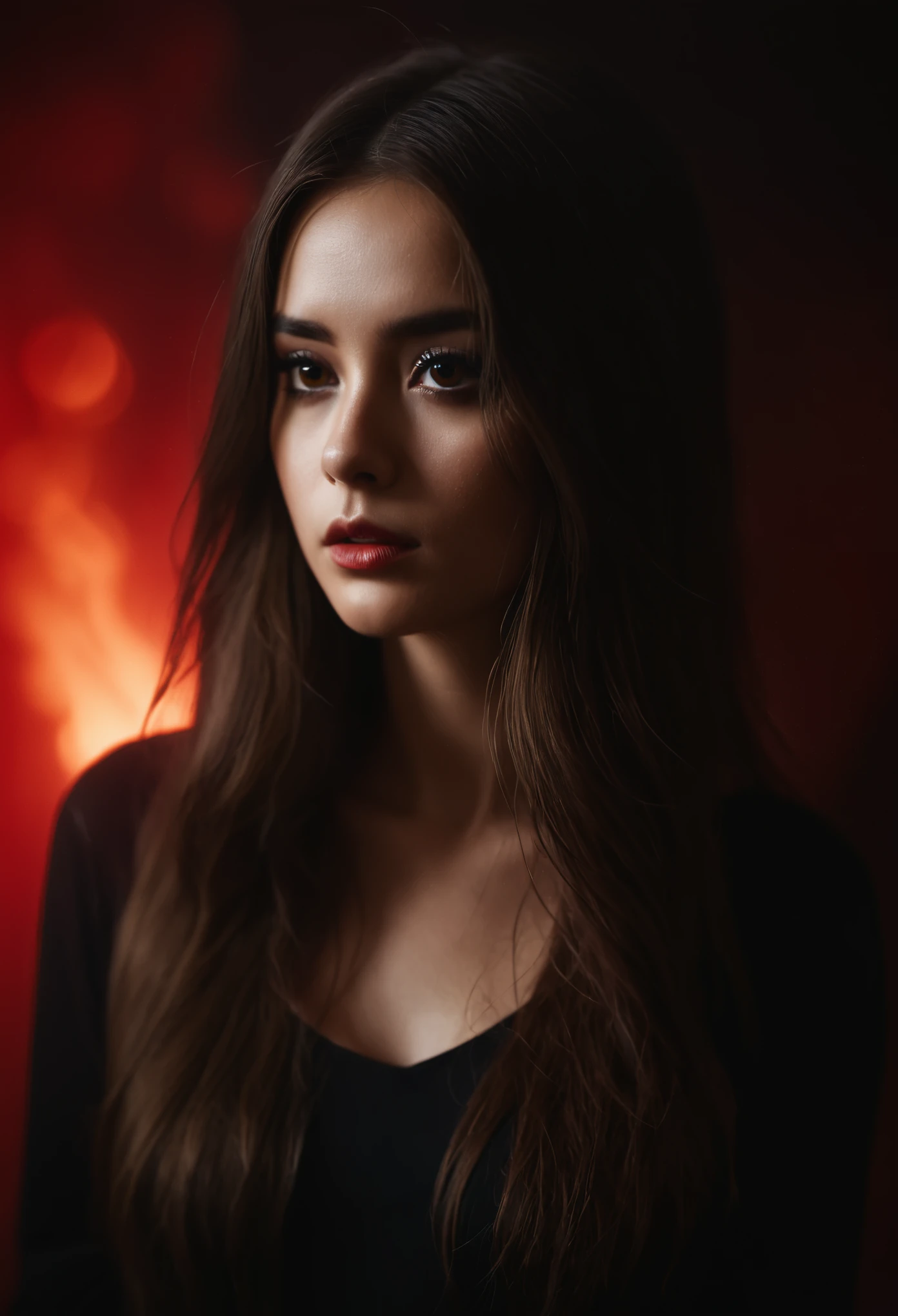 1girl, long hair, low light, dramatic lighting, darkness, eye lighting, smoke, red light, shallow depth of field, vignette, highly detailed, high budget, bokeh, cinemascope, moody, epic, gorgeous, film grain, grainy