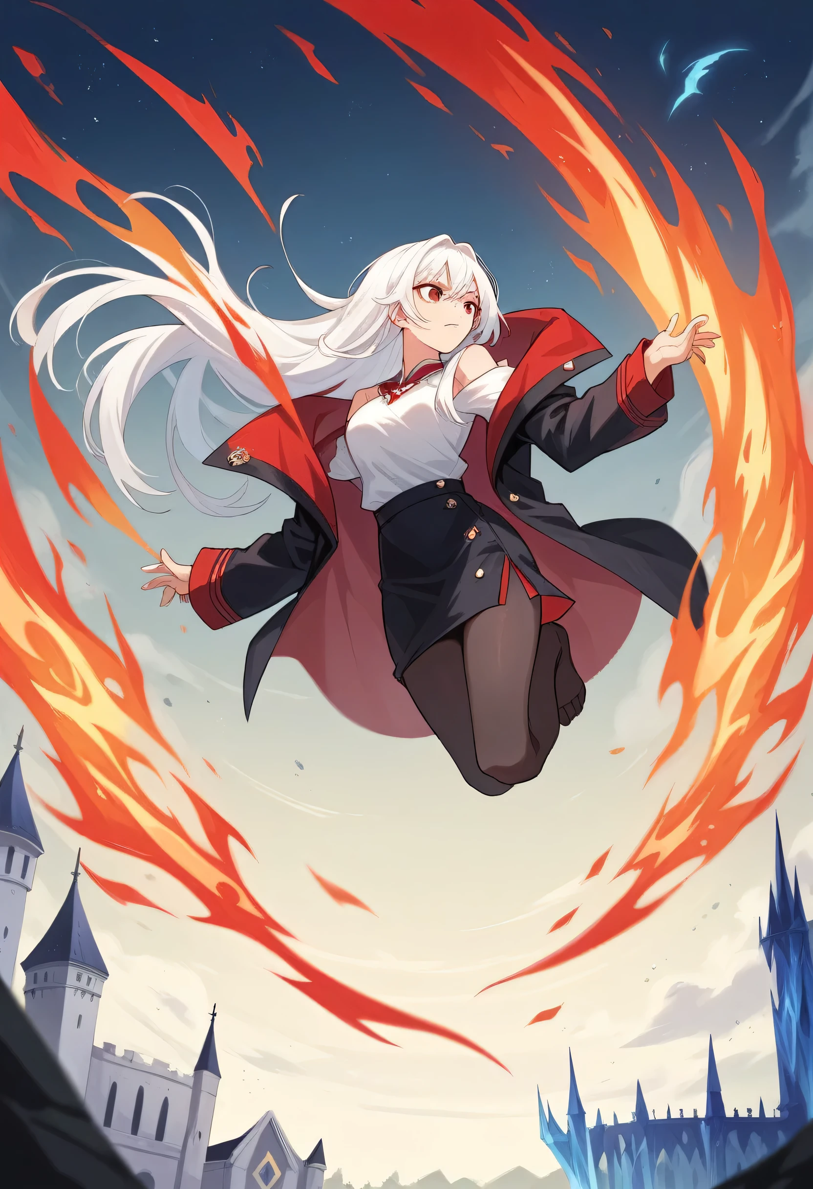 Kizi, long white hair loose, scarlet red eyes, white undershirt, black coat falling off the shoulders, Black Skirt, black transparent pantyhose, fire and ice power, night castle in the middle of the sea, 8K, high resolution, cinematic, realisitic.