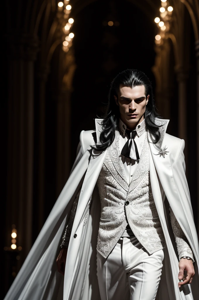 (absurdities, high resolution, ultra detailed), Extremely Extravagant Vampire Catwalk Male Model Fashion Show, perfectly drawn face, wearing luxury white vampire skin clothing for men, epic, Full body photo, cinematic lighting, intricate details, model track background, perfect lighting, approaching perfection, 8K resolution, black hair with white strands